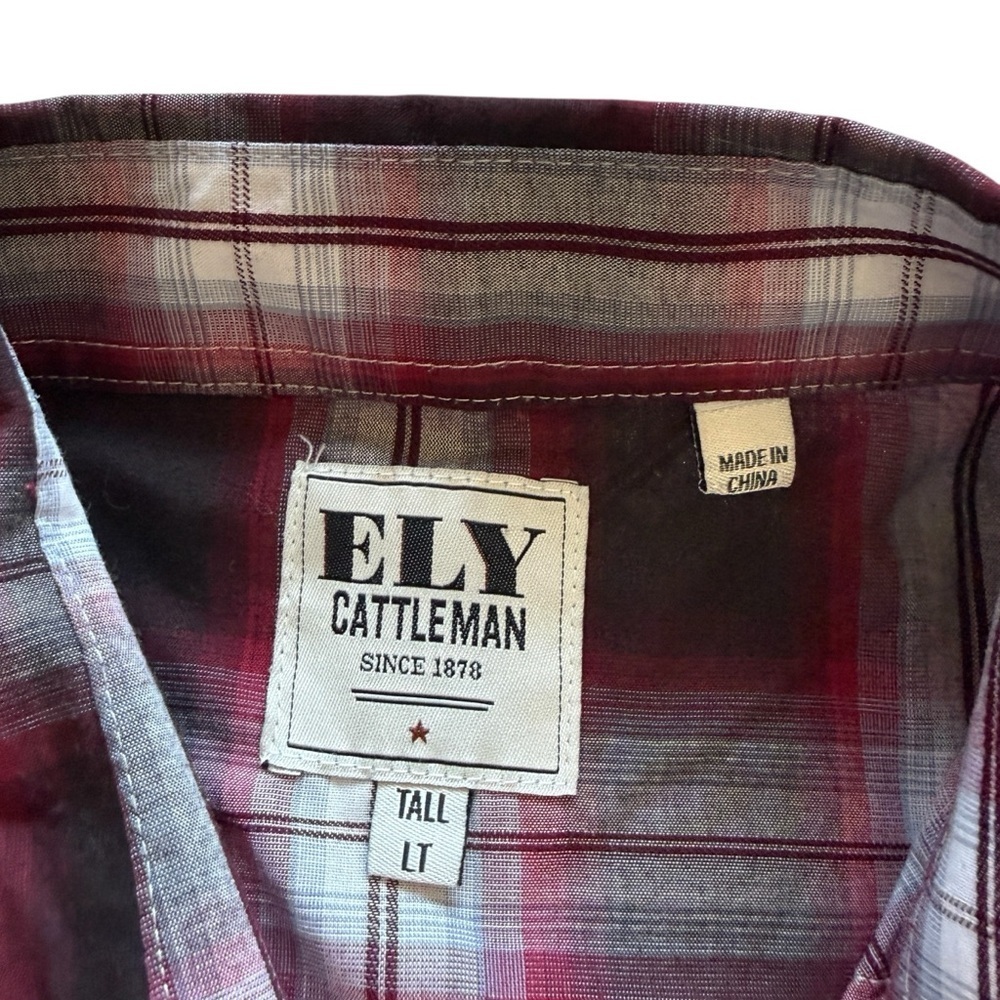 Ely Cattleman Western Pearl Snap Plaid Shirt Mens LT Tall Long Sleeve Rugged Red - Picture 5 of 9